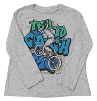 Šedé melírované triko s cyklistou a graffiti Zara