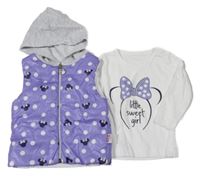 2set - Fialová šusťáková prošívaná zateplená vesta s Minnií a kapucí + bílé triko 
