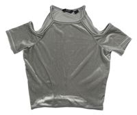 Stříbrné sametové crop tričko s volnými rameny New Look