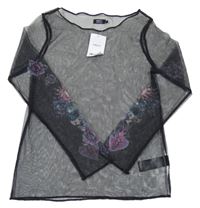 Nové - černé síťované slavnostní průsvitné triko s růžemi Next