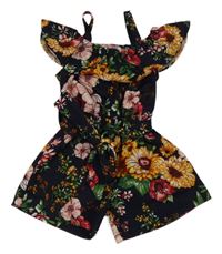Tmavomodrý kraťasový overal s květy a páskem Shein