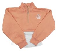 Broskvová crop mikina s všitým topem a výšivkou River Island