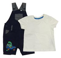 2set - Tmavomodré plátěné laclové kraťasy s dinosaurem v autě + bílé tričko Bluezoo