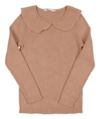Světlerůžový žebrovaný lehký svetr s límečkem Primark