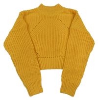 Tmavožlutý žebrovaný pletený crop svetr New Look