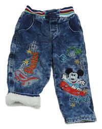 Modré zateplené rifle s Mickeym a úpletovým pasem 