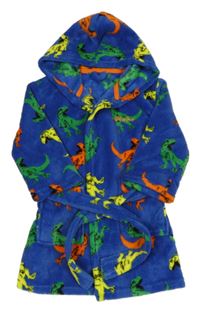 Modro-barevný chlupatý župan s dinosaury a kapucí 