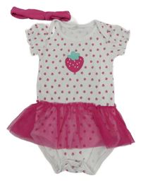 Nové - 2Set - Bílé body s jahůdkami a tmavorůžovou tylovou sukní + čelenka ZEEMAN