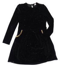 Černo-zlaté sametové třpytivé šaty se zlatými proužky Hema
