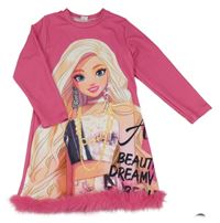 Tmavorůžové vzorované šaty s Barbie a kožešinou