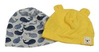 2x čepice - žlutá s oušky + šedomodrá s velrybami H&M