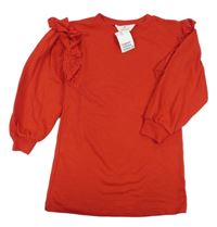 Nové - Červené teplákové šaty s volánky s madeirou H&M