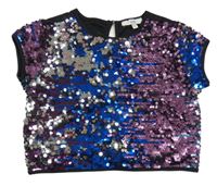 Černo-fialovo-modro-stříbrné crop tričko s flitry E-Vie