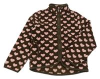 Tmavohnědá fleecová propínací mikina se světlerůžovými srdíčky H&M
