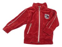 Červená sametová propínací mikina s nášivkou a pruhy TOMMY HILFIGER