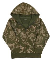 Khaki-růžová propínací mikina s bagry a kapucí Primark