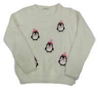 Bílý chlupatý svetr s tučňáky Primark