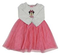 Bílo/světlepudrovo-růžové sametovo/tylové šaty s Minnie a třpytkami PRIMARK