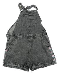Tmavošedé riflové laclové kraťasy s výšivkami květin Denim Co.