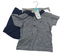 Nové - 2Set - Tmavomodro-bílé melírované polo tričko + chino plátěné kraťasy PRIMARK