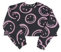 Tmavošedá oversize crop mikina s růžovými smajlíky H&M