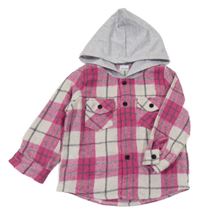 Fuchsiovo-světlešedo-šedá kostkovaná košilová bunda s kapucí