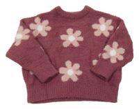 Vínový květovaný chlupatý svetr Primark