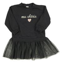 Tmavošedá tepláková tunika s tylovým volánkem a nápisem H&M