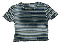 Modro-tmavomodro-světležluté pruhované žebrované úpletové crop tričko ONLY