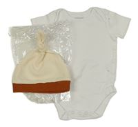 Nové - 2 set - bílé body + smetanovo-hnědá žebrovaná čepice 