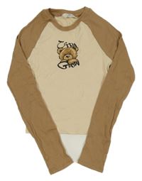 Smetanovo-hnědé žebrované crop triko s medvědem H&M