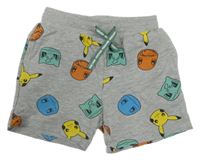 Šedé melírované teplákové kraťasy s Pokémony