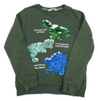 Tmavozelená mikina s dinosaury z flitrů H&M