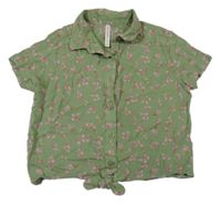 Zeleno-růžová květovaná lehká crop halenka s uzlem 
