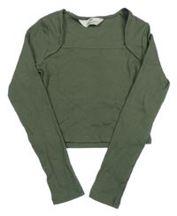 Khaki žebrované crop triko s hranatým výstřihem H&M