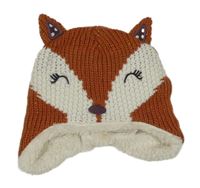 Hnědo-bílá pletená podšitá čepice - liška