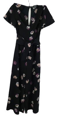 Dámský černý květovaný culottes kalhotový overal s páskem Primark