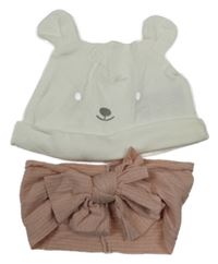2set - Smetanová bavlněná čepice s čumákem + růžová žebrovaná čelenka s mašlí