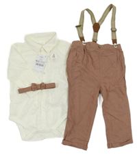 Nové - 3 set - smetanové lněné košilové body + hnědý motýlek + hnědé lněné kalhoty s kšandami Next