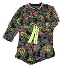 Šedo-černo-růžovo-hořčicové květované košilové propínací šaty Quapi