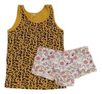 2Set - Okrovo/černo/růžová vzorovaná košilka s mašličkou ZEEMAN + světlerůžové kalhotky s obrázky Kids