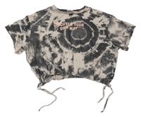 Béžovo-černé batikované crop tričko s nápisem H&M