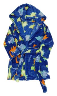 Tmavomodrý chlupatý župan s dinosaury a kapucí 