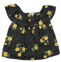 Čerrný lehký crop top s puntíky a květinami Primark