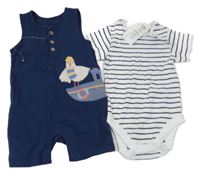 Nové - 2 Set - Tmavomodré laclové kraťasy s rackem + modro-béžové pruhované body 