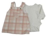 2 set - bílé žebrované body + růžovo-bílé kostkované fleecové laclové šaty George