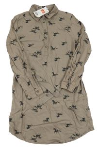Nové - Hnědé lehké košilové šaty s jednorožci a páskem H&M