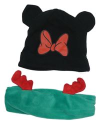 2Set - Černá čepice s mašlí a oušky - Minnie Disney + zeleno/červená sametová čelenka