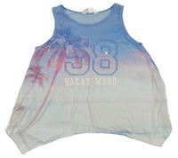 Modro-bílý ombrý top s palmami a číslem z flitrů H&M
