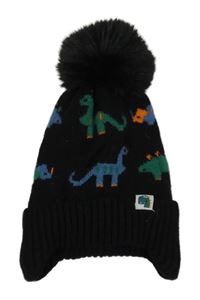Černá pletená čepice s barevnými dinosaury a bambulí 